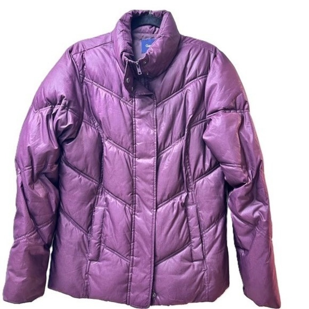 Gap Womens Puffer Jacket Purple Chevron Quilted Metallic Zip Snap Coat Medium